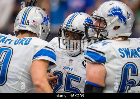 Houston, Texas, USA. 30. Oktober 2016. Detroit Lions Runningback Theo Riddick (25) feiert seine Touchdown mit Teamkollegen im 4. Quartal ein NFL-Spiel zwischen den Houston Texans und den Detroit Lions NRG-Stadion in Houston, TX am 30. Oktober 2016. Die Texaner gewannen das Spiel 20-13. Bildnachweis: Trask Smith/ZUMA Draht/Alamy Live-Nachrichten Stockfoto