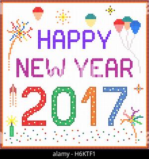 2017 Neujahrsbotschaft mit Luftballons und Feuerwerk. Quadratische Pixel in verschiedenen Farben wurden verwendet. Stock Vektor