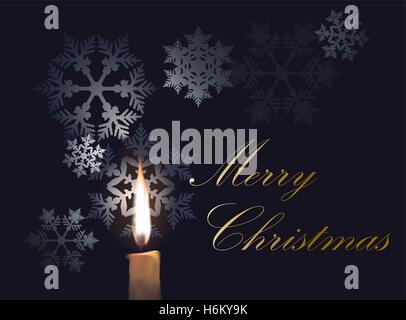 Vektor Kerze mit Schneeflocken und frohe Weihnachten Text. Die Elemente (Hintergrund, Schneeflocken, Kerze, Text) sind getrennt. Stock Vektor