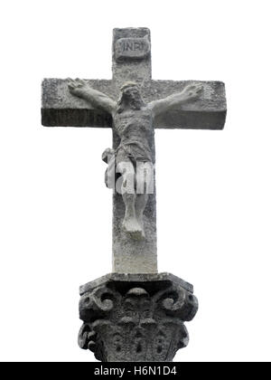 Stein, Kreuz mit Christus gekreuzigt befindet sich auf der Straße, Santiago Stockfoto