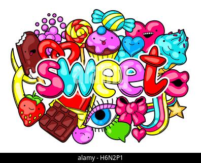 Kawaii print mit Süßigkeiten und Bonbons. Verrückte süßen Sachen im Cartoon-Stil Stock Vektor