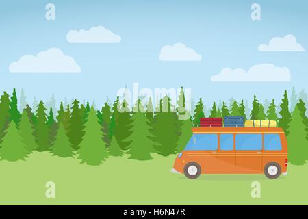 Familie Bus unterwegs Natur Hintergrund, Wald, Wolken und Rasen. Stock Vektor