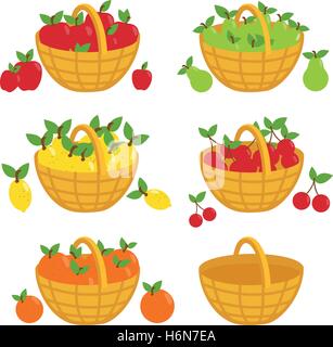 Körbe mit Früchten, die auf Bauernhöfen, Gärten und Obstgärten angebaut werden. Set von Bauernfrüchten in Körben. Äpfel, Birnen, Zitronen, Kirschen und Orangen. Stock Vektor