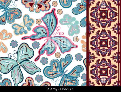 Nahtlose Muster mit bunten Vintage Schmetterlinge und Blumen. Hand-Draw-Vektor-Hintergrund Stock Vektor