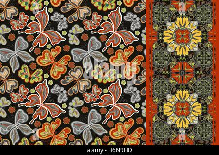 Satz von nahtlose Muster mit bunten Vintage Schmetterlinge und Blumen und reich verzierten Rahmen (Band Band). Hand zeichnen Vektor Hintergrund. Stock Vektor