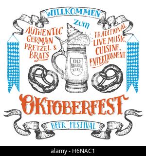 Oktoberfest handgezeichneten Satz. Willkommen Zum Oktoberfest. Hand Schriftzug Satz des Bierfestivals. Deutsche Keramik Bierkrug mit einem pr Stock Vektor
