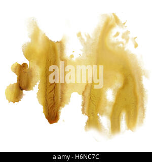 Tinte splatter Aquarell braun gelben Farbstoff flüssige Wasserfarben Makro Fleck Fleck Textur isoliert auf weißem Hintergrund Stockfoto
