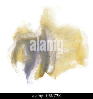 Tinte splatter Aquarell gelb violette Farbstoff flüssige Wasserfarben Makro Fleck Fleck Textur isoliert auf weißem Hintergrund Stockfoto