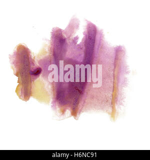Tinte splatter Aquarell Farbstoff flüssige gelb violett Aquarell Makro Fleck Fleck Textur isoliert auf weißem Hintergrund Stockfoto