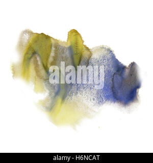 Tinte Splatter Aquarell Farbstoff Flüssigkeit Aquarell gelb blau Makro Fleck Fleck Textur auf weißem Hintergrund isoliert Stockfoto