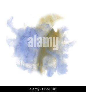 Tinte Splatter Aquarell Farbstoff Flüssigkeit Aquarell Makro spot blau gelben Fleck Textur auf weißem Hintergrund isoliert Stockfoto