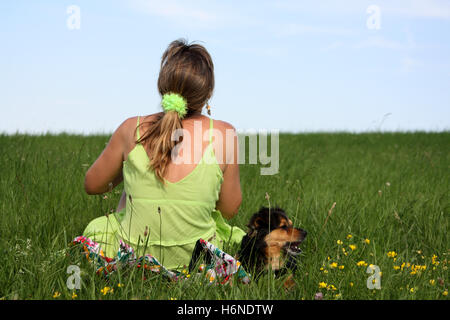 Frau und Hund auf einer Wiese Stockfoto