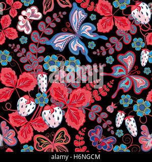 Nahtlose Beeren, Blumen und Schmetterlinge. Hand-Zeichnung-Vektor-Illustration. Stock Vektor