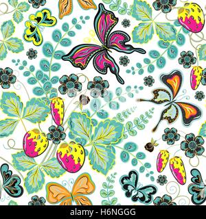Nahtlose Beeren, Blumen und Schmetterlinge. Hand-Zeichnung-Vektor-Illustration. Stock Vektor