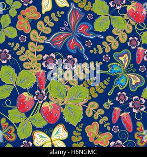 Nahtlose Beeren, Blumen und Schmetterlinge. Hand-Zeichnung-Vektor-Illustration. Stock Vektor