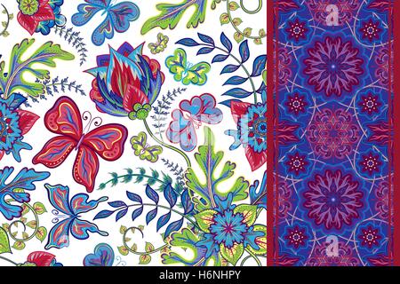 Satz von Hand zeichnen florale seamless pattern mit Schmetterling und Streifen (Grenze Band Band). Vektor-illustration Stock Vektor