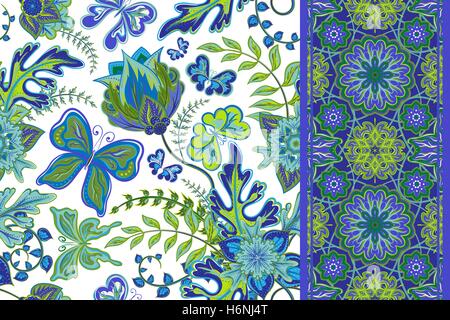 Satz von Hand zeichnen florale seamless pattern mit Schmetterling und Streifen (Grenze Band Band). Vektor-illustration Stock Vektor