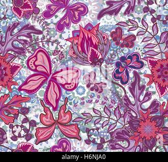 Nahtlose Blumenmuster mit Fantasie-Blumen und Schmetterlinge auf bunten Pastell Hintergrund, Hand zu ziehen. Vektor-Illustration. Stock Vektor