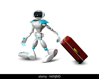 3D Abbildung eines Roboters mit Koffer Stockfoto