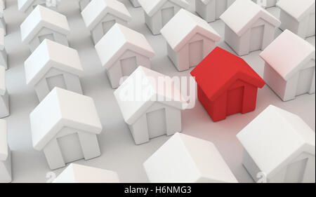 Zusammenfassung viele Häuser und einem roten Haus (in 3D-Rendering getan) Stockfoto