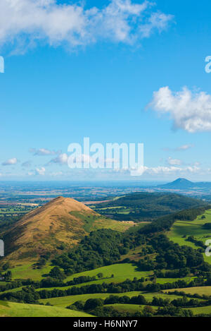 Die Lawley und das Wrekin im Sommer gesehen von Caer Caradoc, Kirche Stretton, Shropshire, England, UK. Stockfoto