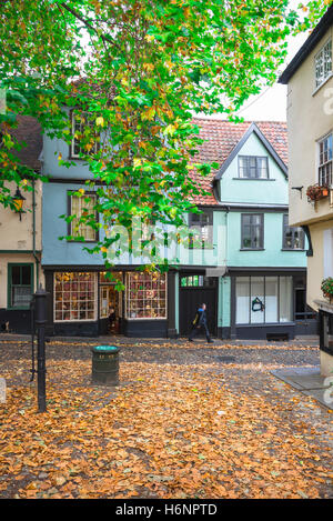 Elm Hill Norwich, Blick auf die Geschäfte in Elm Hill im Zentrum des historischen mittelalterlichen Viertels der Stadt Norwich, England, Großbritannien. Stockfoto