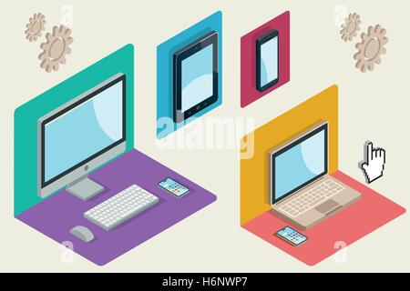 Isometrische Darstellung mit einem Computer, Laptop, Tablet und Smartphone. Ansprechende Web-Design-Konzept. Vektor-Illustration. Stock Vektor