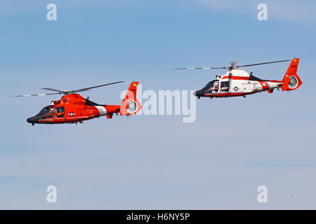 Paar USCG MH-65 Delfine von der Air Station San Francisco im Flug. Stockfoto