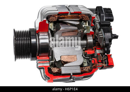 Kfz Lichtmaschine Querschnitt isoliert auf weißem Hintergrund Stockfoto