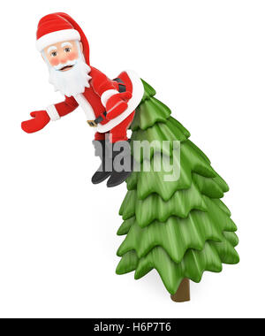 3D Weihnachten Menschen Abbildung. Santa Claus hängen von der Spitze einer Tanne ungläubig. Isolierten weißen Hintergrund. Stockfoto