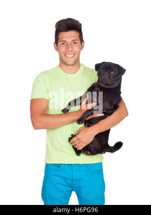 Attraktive junge mit ihrem Mops Hund isoliert auf weißem Hintergrund Stockfoto