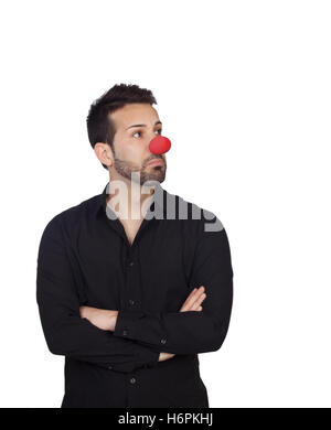 Junge bärtigen Geschäftsmann mit Clownsnase isoliert auf weißem Hintergrund Stockfoto