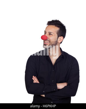 Junge bärtigen Geschäftsmann mit Clownsnase isoliert auf weißem Hintergrund Stockfoto