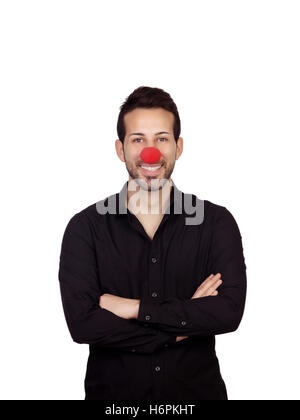 Junge bärtigen Geschäftsmann mit Clownsnase isoliert auf weißem Hintergrund Stockfoto