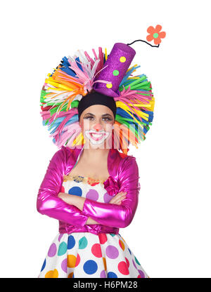 Lustiges Mädchen Clown mit einem großen bunten Perücke isolierten auf weißen Hintergrund Stockfoto