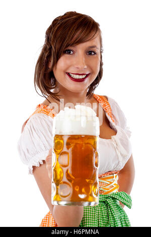 hübsche Frau im Dirndl lacht und hält Masskrug Oktoberfest Bier Stockfoto