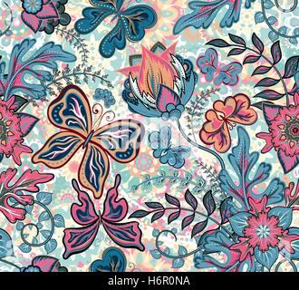 Nahtlose Blumenmuster mit Fantasie-Blumen und Schmetterlinge auf bunten Pastell Hintergrund, Hand zu ziehen. Vektor-Illustration. Stock Vektor