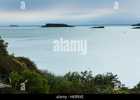 Blick auf den Atlantischen Ozean über Glandore Hafen, County Cork, Irland. Stockfoto