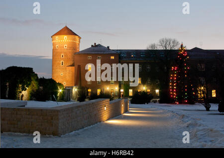 Wawel in der Nacht im Winter. Stockfoto