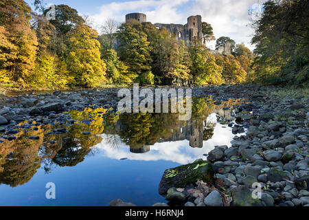 Barnard Castle, Teesdale, County Durham UK.  Dienstag, 1. November 2016, UK Wetter.  Herbstliche Bäume und die mittelalterlichen Ruinen der Barnard Castle spiegelt sich in den Fluss Tees am Nachmittag.  Bildnachweis: David Forster/Alamy Live-Nachrichten Stockfoto