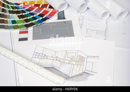 Haus Bauwerkzeugen Architektur bauen Modell Design Projekt Konzept Plan Entwurf engineering gemessenen Motivationsdruck Maßnahme Reparatur Stockfoto