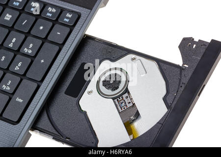 Elektronische Sammlung - Laptop mit offenen DVD-Fach isoliert auf weißem Hintergrund Stockfoto