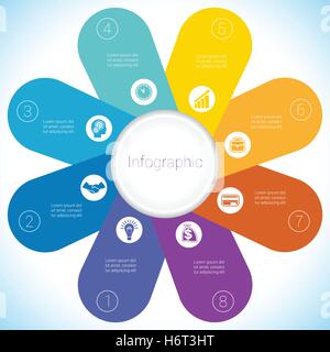 Blume Kamille Infografik Template bunte Blütenblätter acht Positionen. Stock Vektor