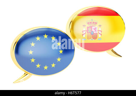 Sprechblasen, EU-Spanien-Gespräch-Konzept. 3D-Rendering isoliert auf weißem Hintergrund Stockfoto