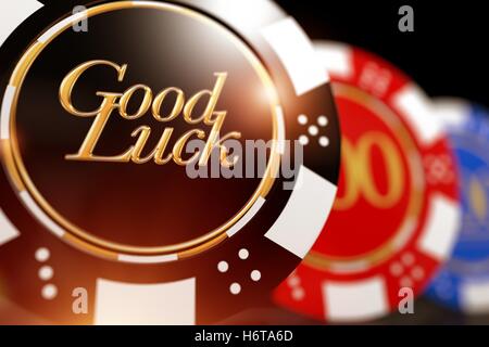 Lucky Casino-Chips. Good Luck Golden Black Casino Chip Closeup 3D-Render Illustration. Stockfoto