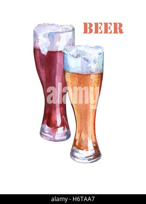 Gläser mit helles und dunkles Bier. Aquarell Bild auf weißem Hintergrund. Stockfoto