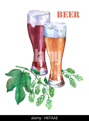 Gläser mit helles und dunkles Bier. Grünen Zweig Hopfen. Aquarell Bild auf weißem Hintergrund. Stockfoto
