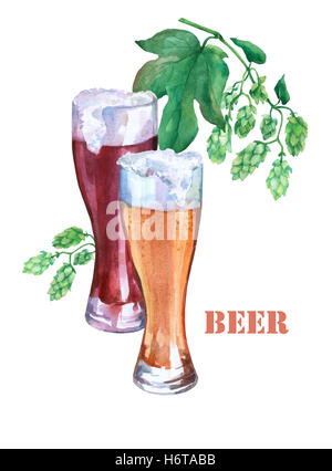 Gläser mit helles und dunkles Bier. Grünen Zweig Hopfen. Aquarell Bild auf weißem Hintergrund. Stockfoto