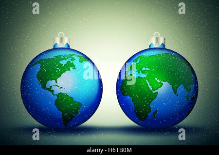 Zwei Weihnachtskugeln mit Welt-Map-Muster. Friedliche Winterurlaub auf der ganzen Welt. 3D Illustration. Stockfoto