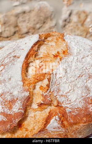 Nahaufnahme eines französischen knuspriges Brot oder Bauernhaus Laib Stockfoto